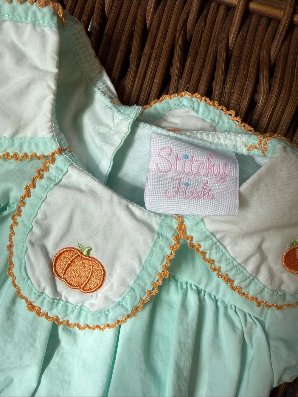 EUC Stitchy Fish Jane Be Little Pumpkin Embroidered Bubble in Mint Green 3M